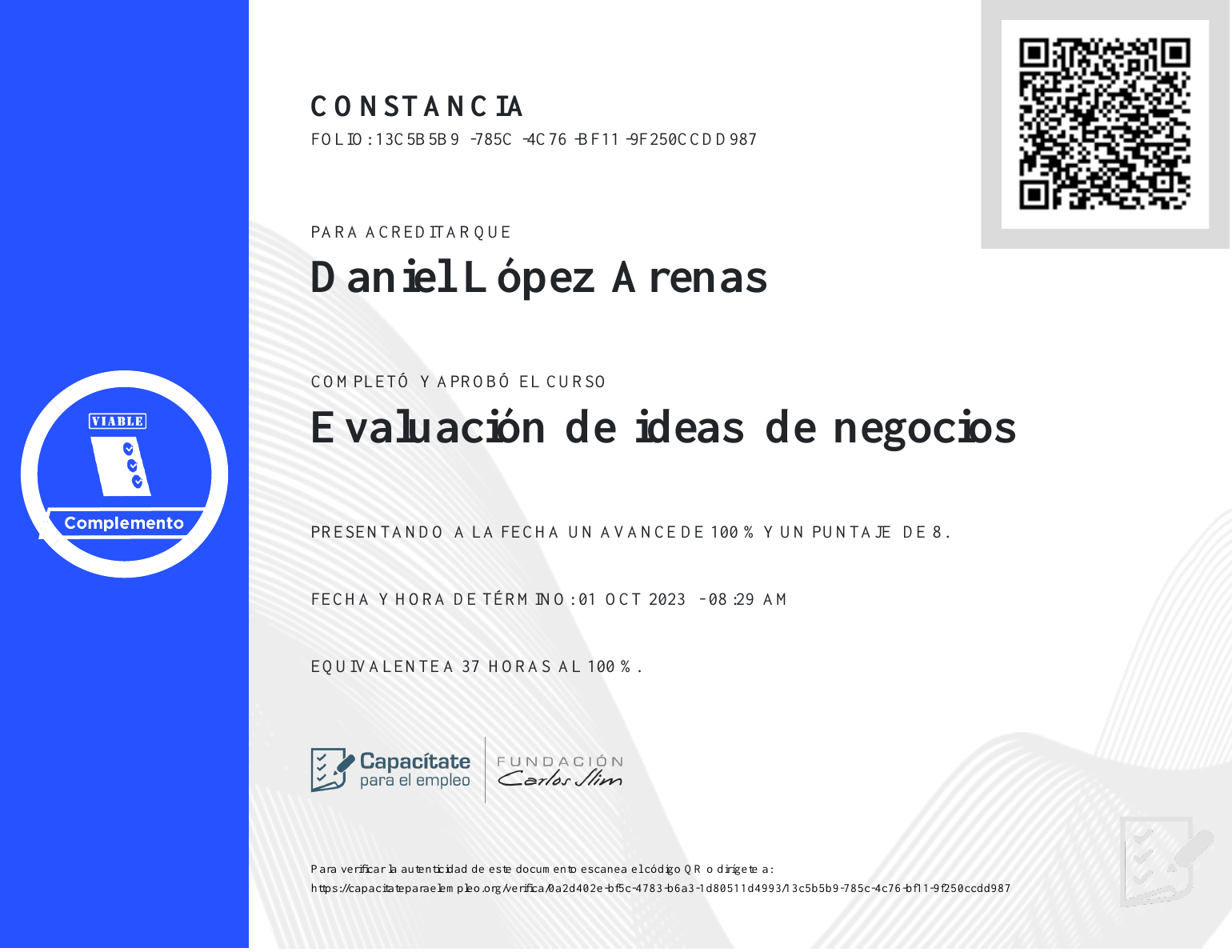 Constancia del curso Evaluación de ideas de negocios