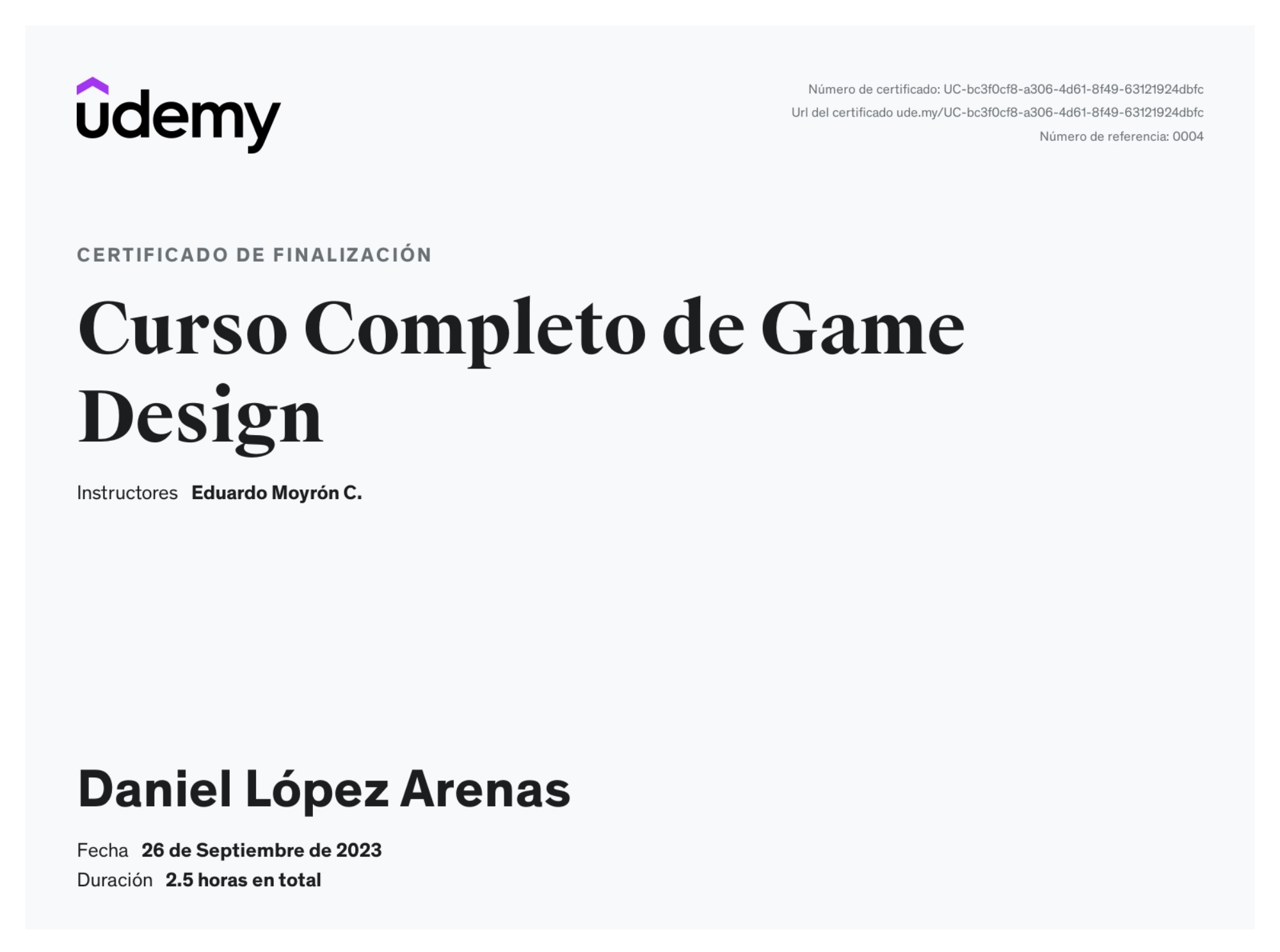 Certificado del curso completo de Game Design en Udemy